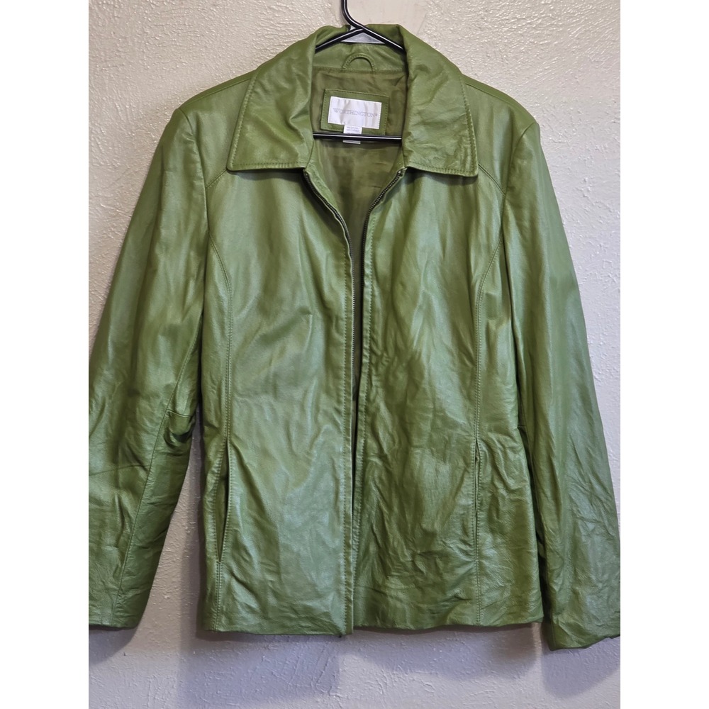 Worthington Womens size M Green Leather Jacket Collar Zip Front Casual Outerwear